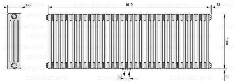Схема (чертеж) Радиатор Zehnder Charleston 4120/35 №5410 Белый глянцевый RAL 9016